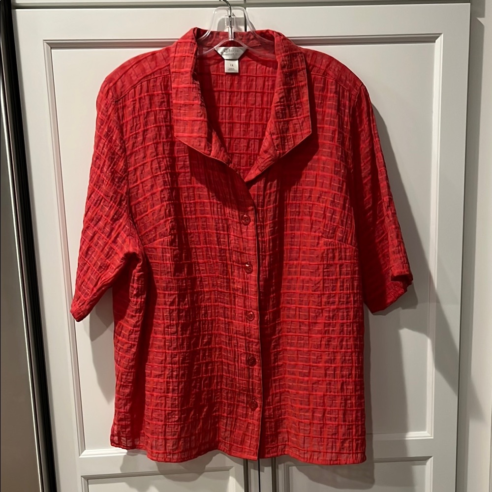 CJ Banks Womens Red Textured Button-Up Shirt Size 1X